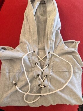 Aerie lace up gray sweatshirt hoodie. Size xs. Lightweight, raw hem.